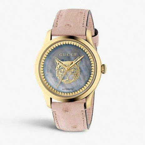  Shop Authentic Gucci G Timeless Skeleton 16K Gold Mother of Pearl Dial Pink Leather Strap Watch For Women - YA1264110 - Luxxuri