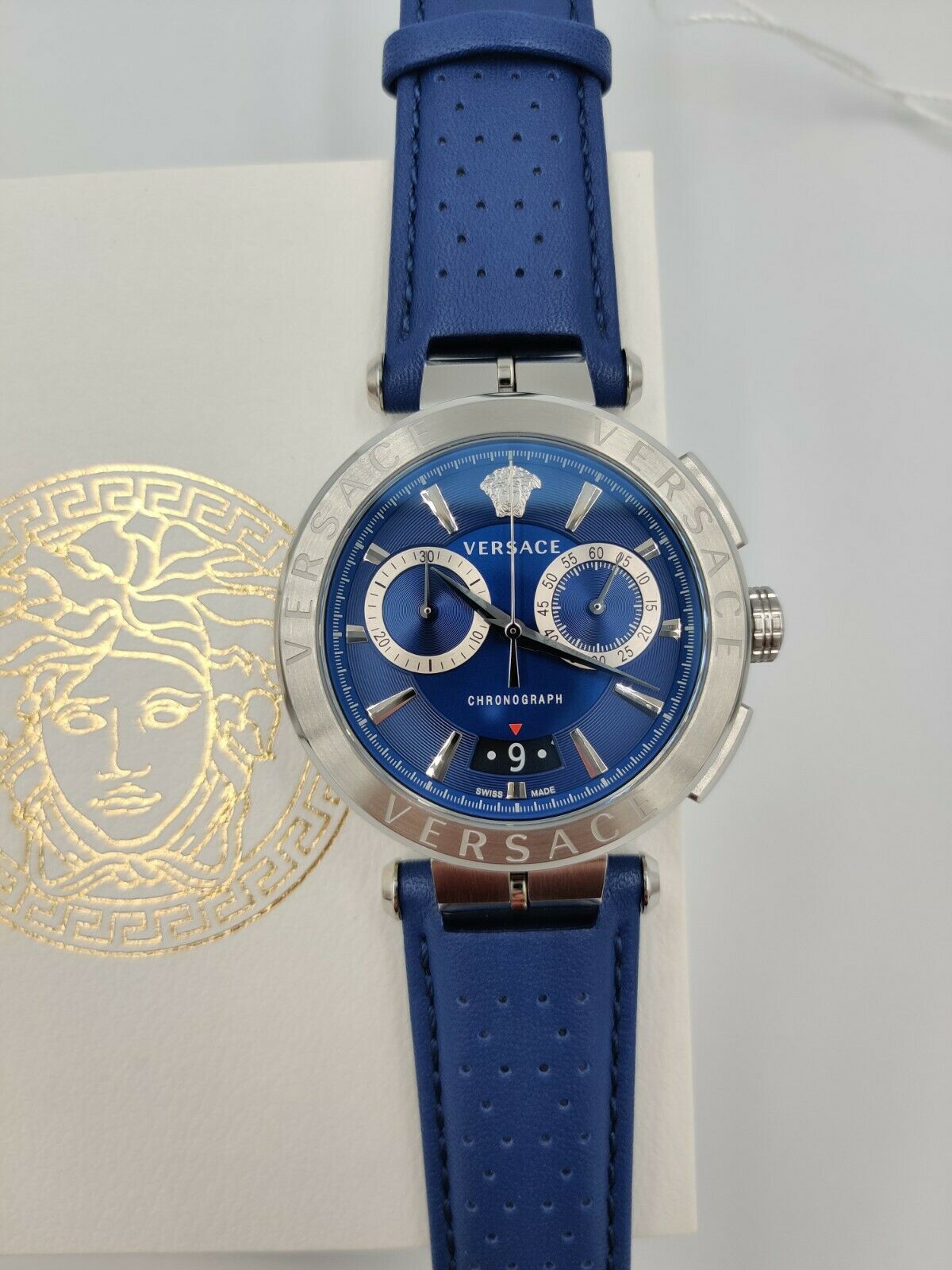 Versace Aion Chronograph Blue Dial Blue Leather Strap Watch for Men - VE1D01220