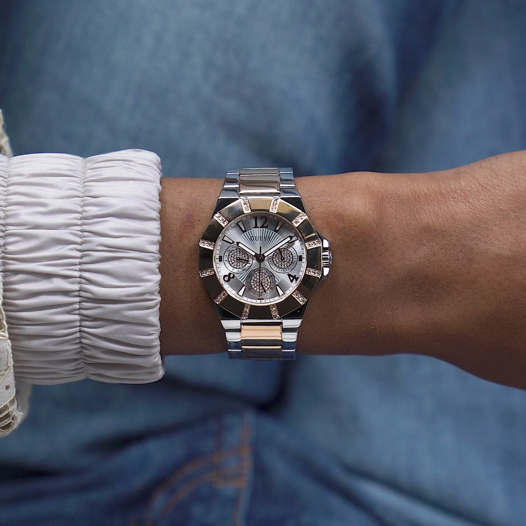  Shop Authentic Guess Sunray Multifunction Crystals Silver Dial Two Tone Steel Strap Watch For Women - GW0616L3 - Luxxuri