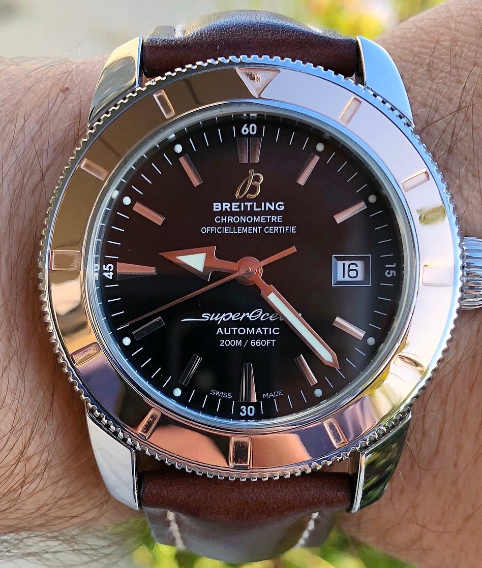  Shop Authentic Breitling Superocean Heritage 42mm Rose Gold Chronometer Black Dial Brown Leather Strap Mens Watch - U1732112 - Luxxuri