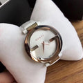  Shop Authentic Gucci Interlocking 18K Gold Silver Dial White Leather Strap Watch For Women - YA133303 - Luxxuri