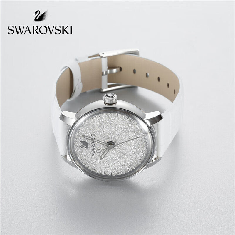  Shop Authentic Swarovski Crystalline Hours Silver Dial White Leather Strap Watch for Women - 5295383 - Luxxuri