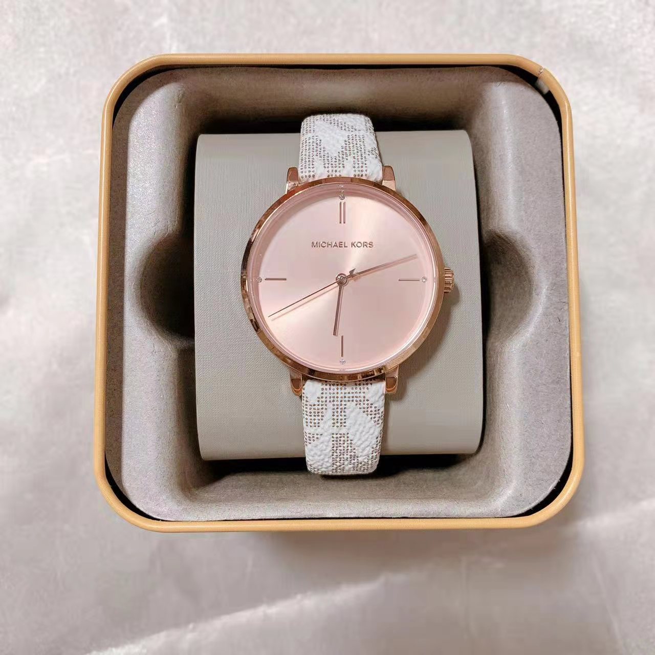  Shop Authentic Michael Kors Jayne Three Hand Rose Gold Dial White Leather Strap Watch For Women - MK7128 - Luxxuri