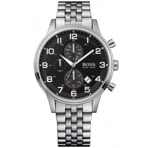  Shop Authentic Hugo Boss Aeroliner Chronograph Quartz Black Dial Silver Steel Strap Watch For Men - HB1512446 - Luxxuri