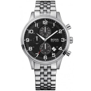  Shop Authentic Hugo Boss Aeroliner Chronograph Quartz Black Dial Silver Steel Strap Watch For Men - HB1512446 - Luxxuri