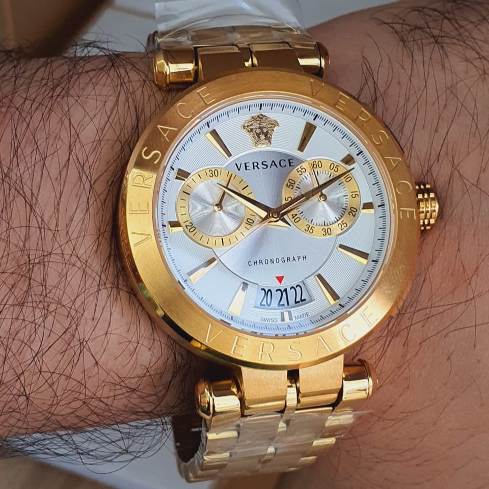  Shop Authentic Versace V Racer Chronograph White Dial Gold Steel Strap Watch for Men - VBR060017 - Luxxuri