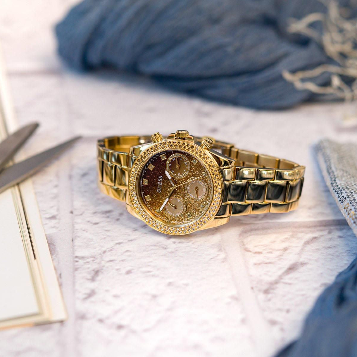  Shop Authentic Guess Sol Chronograph Gold Dial Gold Steel Strap Watch For Women - GW0483L2 - Luxxuri