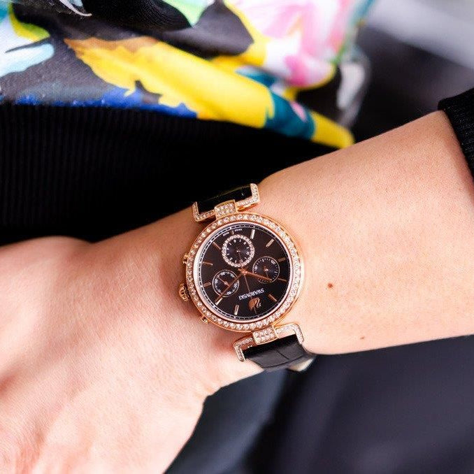 Swarovski Era Journey Chronograph Black Dial Black Leather Strap Watch for Women - 5295320