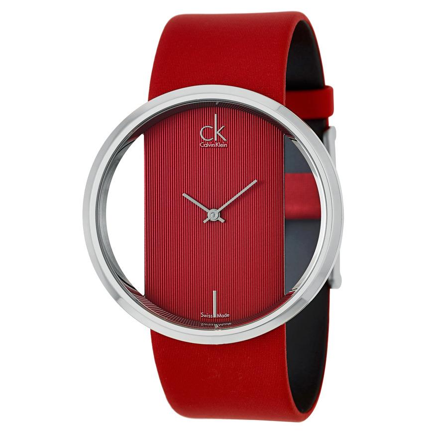  Shop Authentic Calvin Klein Glam Transparent Dial Red Leather Strap Watch for Women - K9423144 - Luxxuri