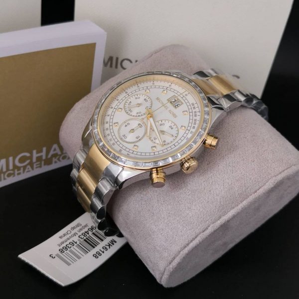  Shop Authentic Michael Kors Brinkley Chronograph Silver Dial Two Tone Steel Strap Watch for Women - MK6188 - Luxxuri
