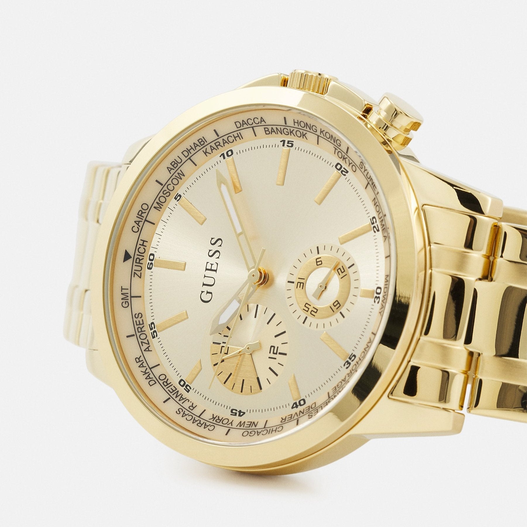  Shop Authentic Guess Sunrise Chronograph Gold Dial Gold Steel Strap Watch For Women - W0330L1 - Luxxuri