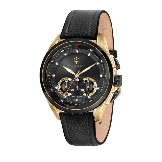 Maserati Traguardo Chronograph Black Dial Black Leather Strap Watch For Men - R8871612033