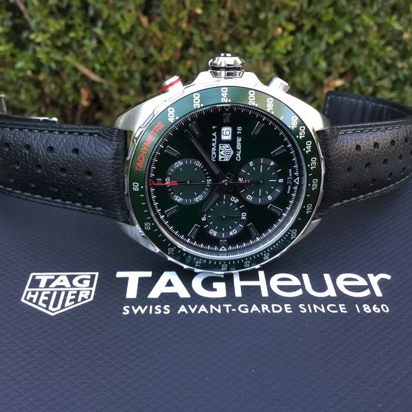  Shop Authentic Tag Heuer Formula 1 Calibre 16 Automatic Chronograph Green Dial Black Leather Strap Watch for Men - CAZ2016.FC6473 - Luxxuri