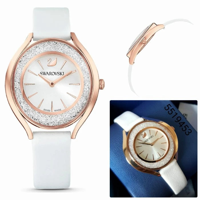  Shop Authentic Swarovski Crystalline Aura Silver Dial White Leather Strap Watch for Women - 5519453 - Luxxuri