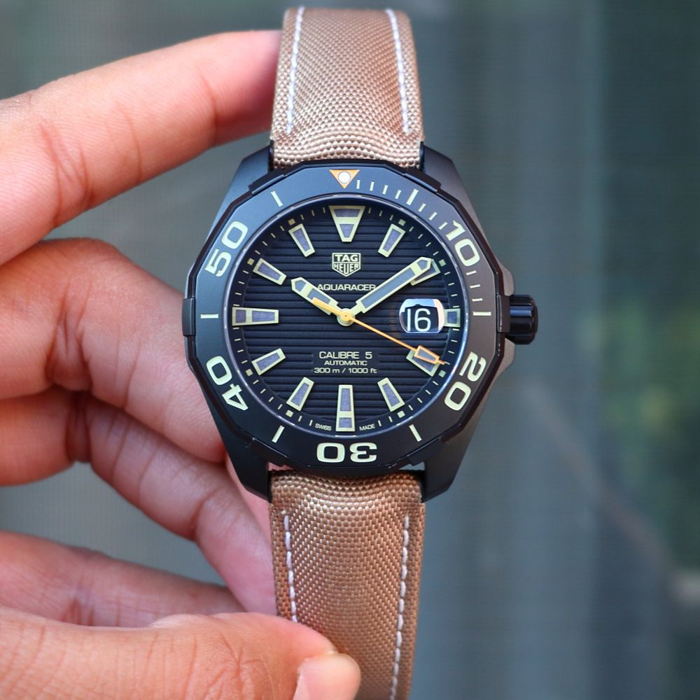  Shop Authentic Tag Heuer Aquaracer 300 Calibre 5 Automatic Black Dial Brown Fabric Strap Watch for Men - WAY208C.FC6383 - Luxxuri