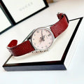  Shop Authentic Gucci G Timeless Quartz Diamonds Pink Dial Red Leather Strap Watch For Women - YA1265017 - Luxxuri