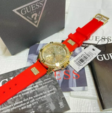  Shop Authentic Guess Frontier Diamonds Gold Dial Red Rubber Strap Watch for Women - GW0045L2 - Luxxuri