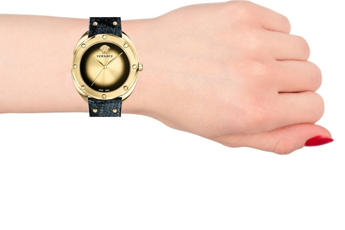  Shop Authentic Versace Shadov Quartz Gold Dial Black Leather Strap Watch for Women - VEBM00318 - Luxxuri