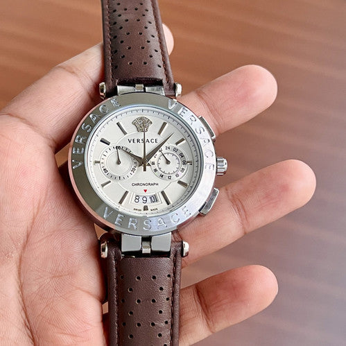  Shop Authentic Versace Aion Chronograph White Dial Brown Leather Strap Watch for Men - VBR010017 - Luxxuri