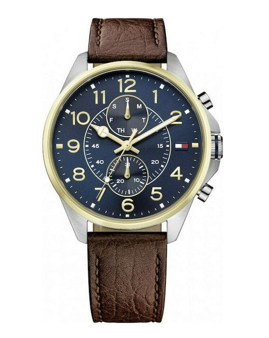  Shop Authentic Tommy Hilfiger Dean Multifunctional Blue Dial Brown Leather Strap Watch for Men - 1791275 - Luxxuri
