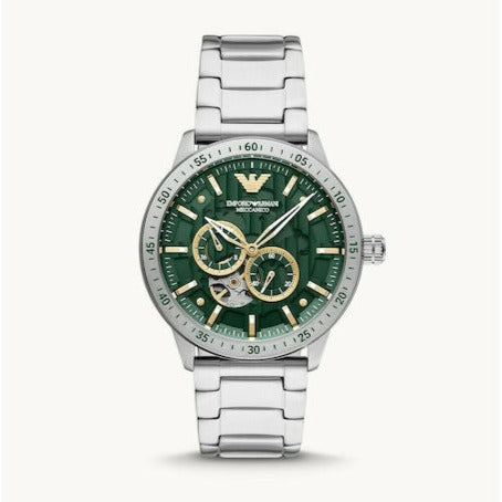  Shop Authentic Emporio Armani Meccanico Chronograph Automatic Green Dial Silver Steel Strap Watch For Men - AR60053 - Luxxuri