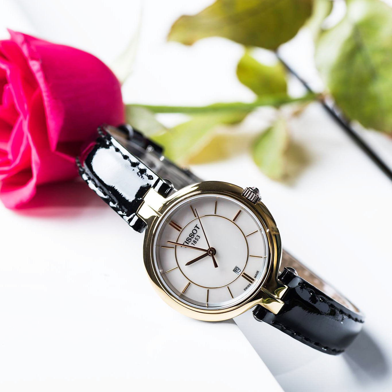 Tissot T Lady Flamingo Mother of Pearl White Dial Black Leather Strap Watch for Women - T094.210.16.111.00