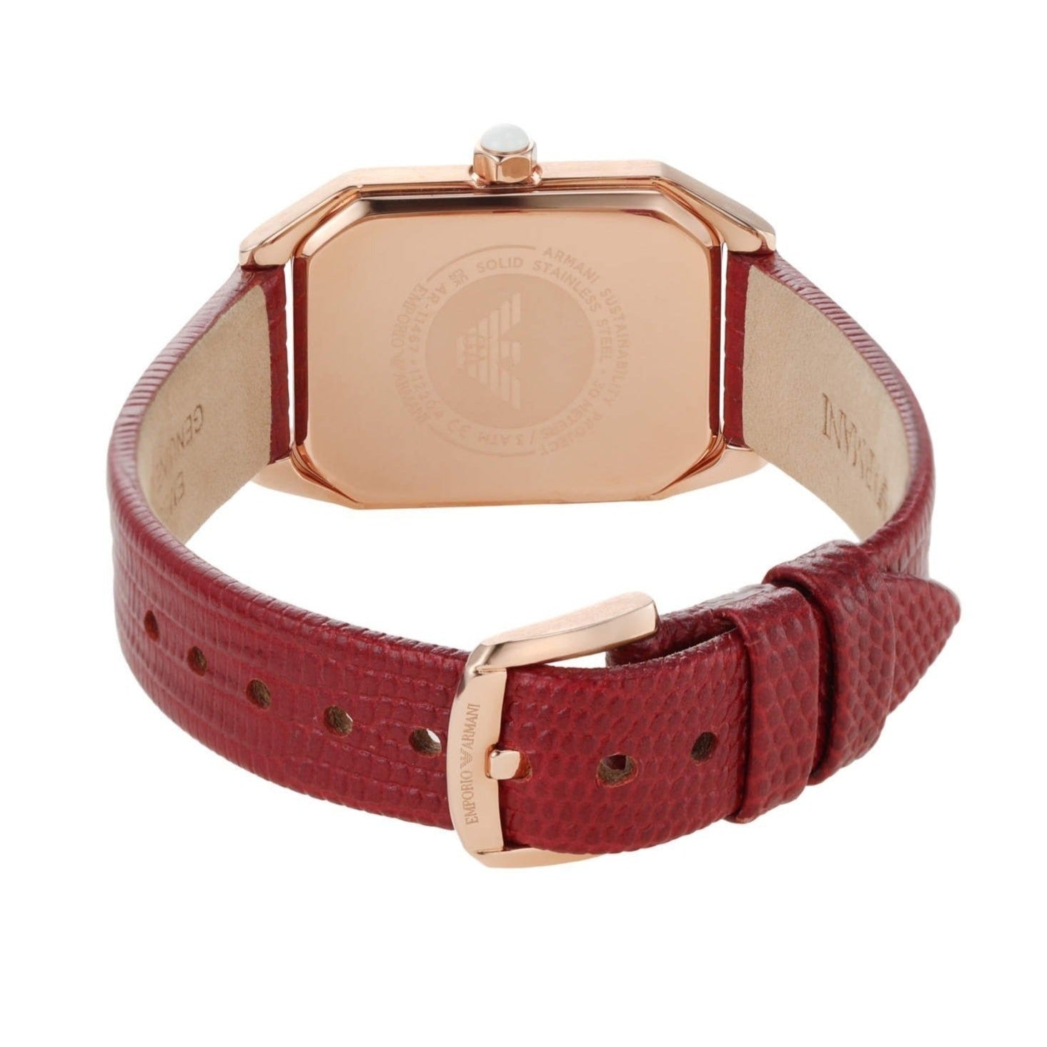  Shop Authentic Emporio Armani Gianni T Bar Two-Hand Mother of Pearl Dial Red Leather Strap Watch For Women - AR11467 - Luxxuri