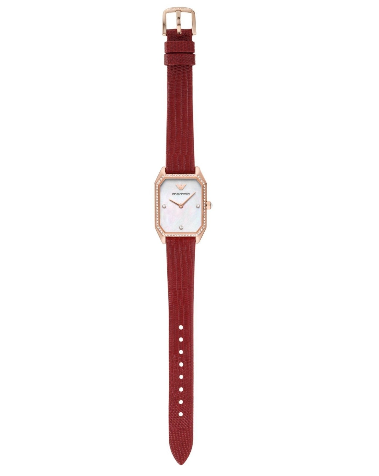  Shop Authentic Emporio Armani Gianni T Bar Two-Hand Mother of Pearl Dial Red Leather Strap Watch For Women - AR11467 - Luxxuri