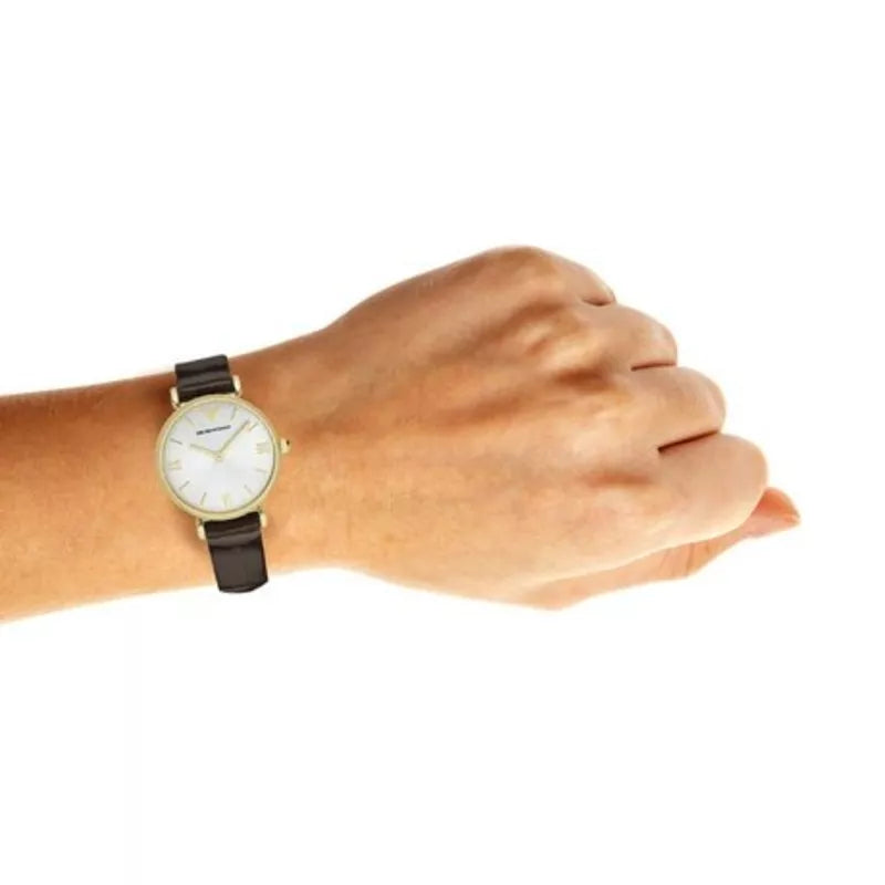  Shop Authentic Emporio Armani Gianni T-Bar Quartz Mother of Pearl Dial Black Leather Strap Watch For Women - AR1910 - Luxxuri