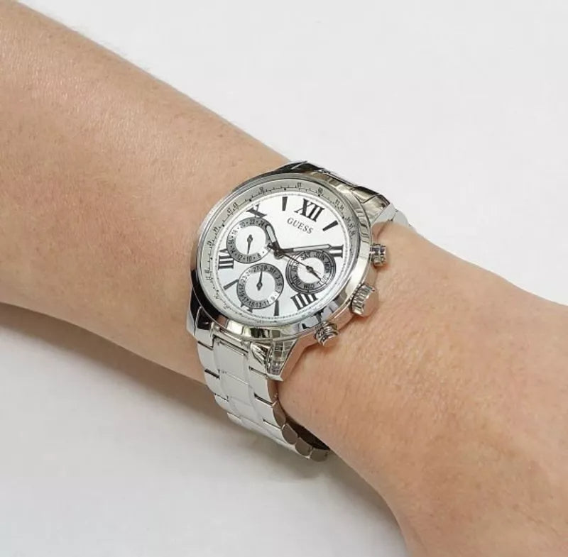  Shop Authentic Guess Sunrise Multifunction Quartz White Dial Silver Steel Strap Watch For Women - W0330L3 - Luxxuri