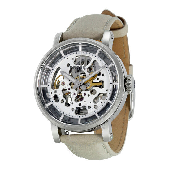  Shop Authentic Fossil Boyfriend Automatic Skeleton Silver Dial White Leather Strap Watch for Women - ME3069 - Luxxuri