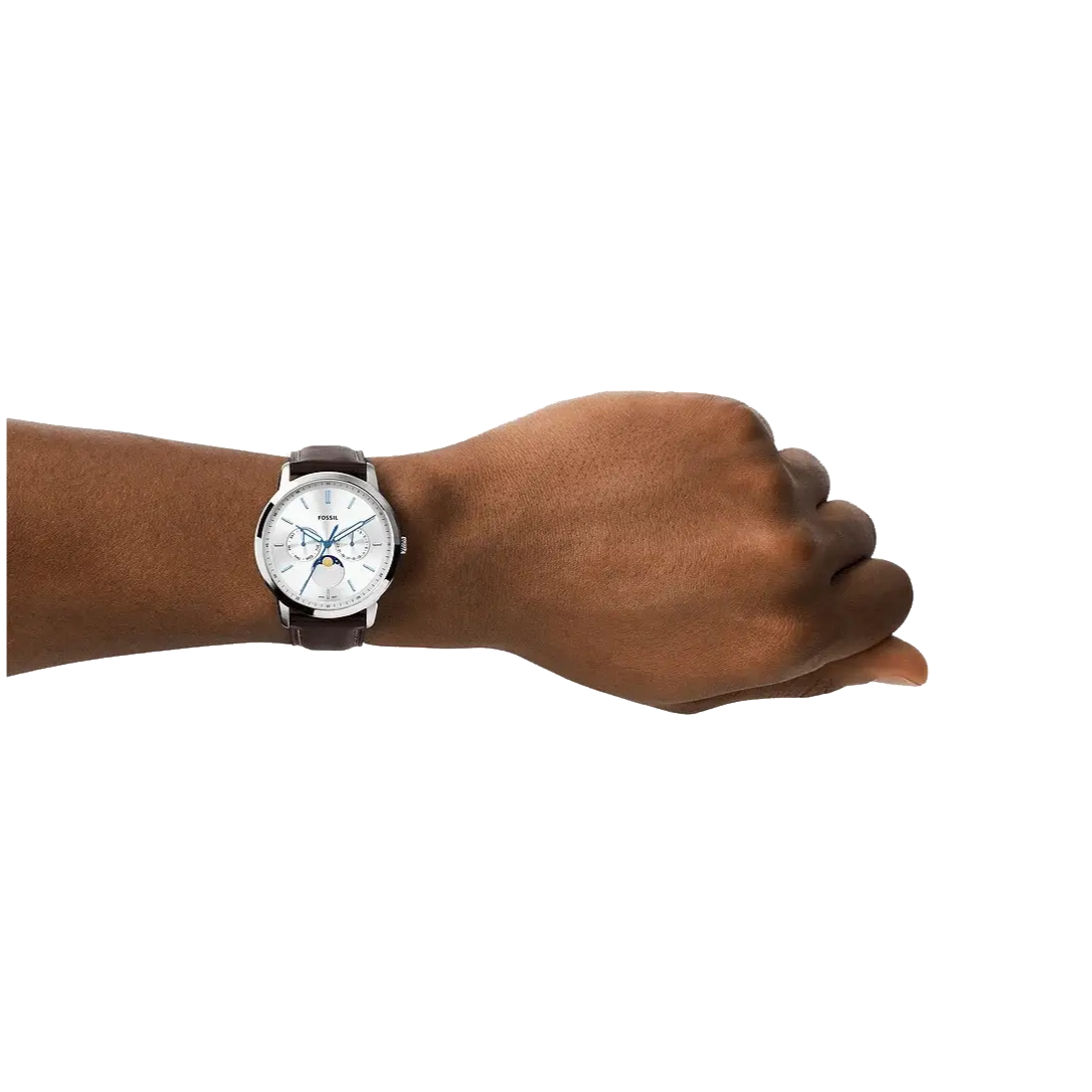 Fossil Neutra Minimalist Moonphase Silver Dial Brown Leather Strap Watch for Men - FS5905