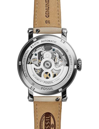  Shop Authentic Fossil Boyfriend Automatic Skeleton Silver Dial White Leather Strap Watch for Women - ME3069 - Luxxuri