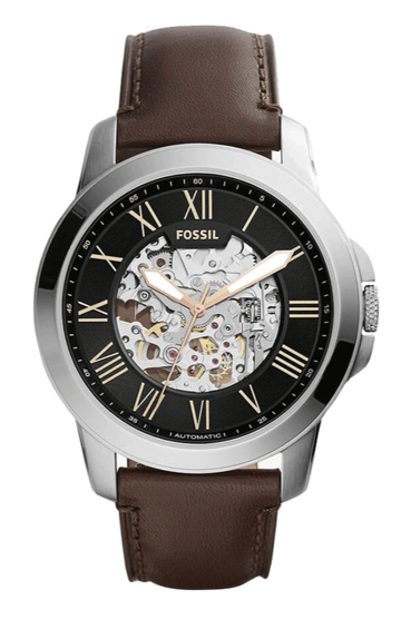 Fossil Grant Automatic Skeleton Black Dial Brown Leather Strap Watch for Men - ME3100