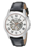 Fossil Grant Automatic Skeleton White Dial Black Leather Strap Watch for Men - ME3101