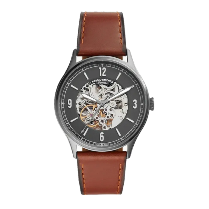  Shop Authentic Fossil Forrester Automatic Skeleton Grey Dial Brown Leather Strap Watch for Men - ME3178 - Luxxuri