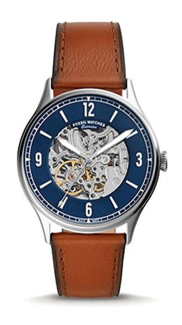  Shop Authentic Fossil Forrester Luggage Automatic Skeleton Blue Dial Brown Leather Strap Watch for Men - ME3179 - Luxxuri
