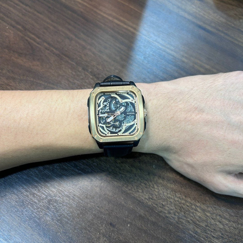  Shop Authentic Fossil Inscription Automatic Skeleton Rose Gold Dial Black Leather Strap Watch for Men - BQ2572 - Luxxuri
