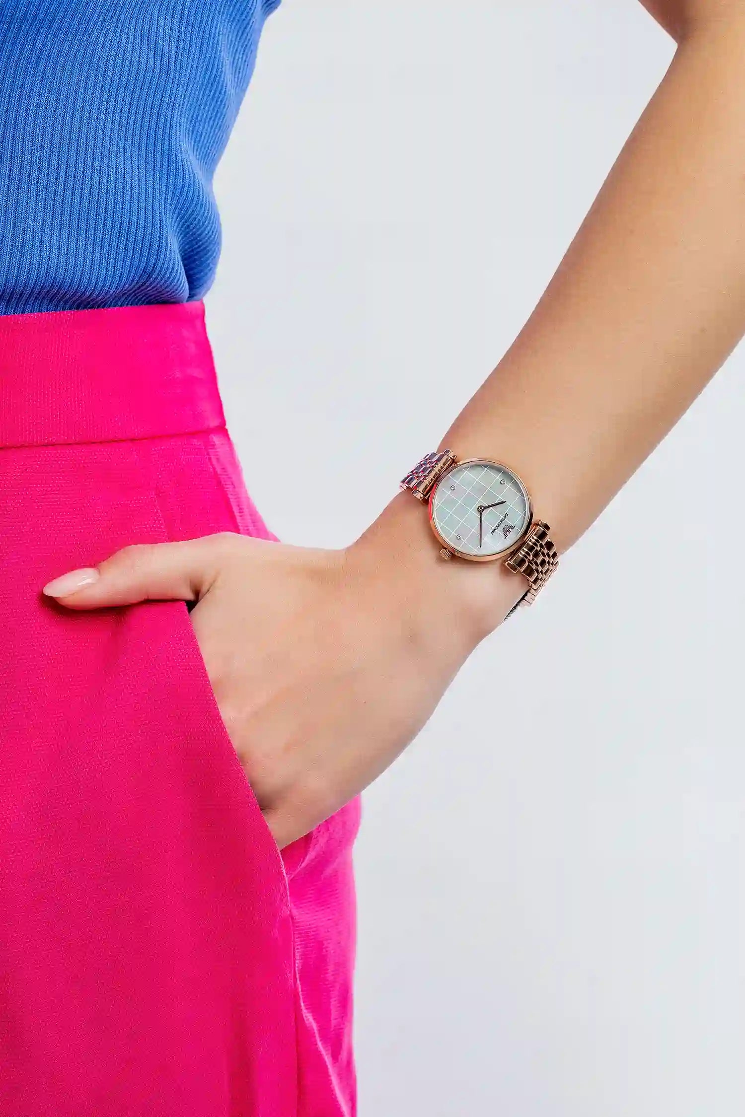  Shop Authentic Emporio Armani Gianni T Bar Quartz Mother of Pearl Dial Rose Gold Steel Strap Watch For Women - AR11385 - Luxxuri