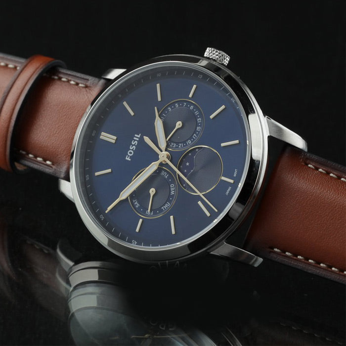 Fossil Neutra Minimalist Moonphase Blue Dial Brown Leather Strap Watch for Men - FS5903