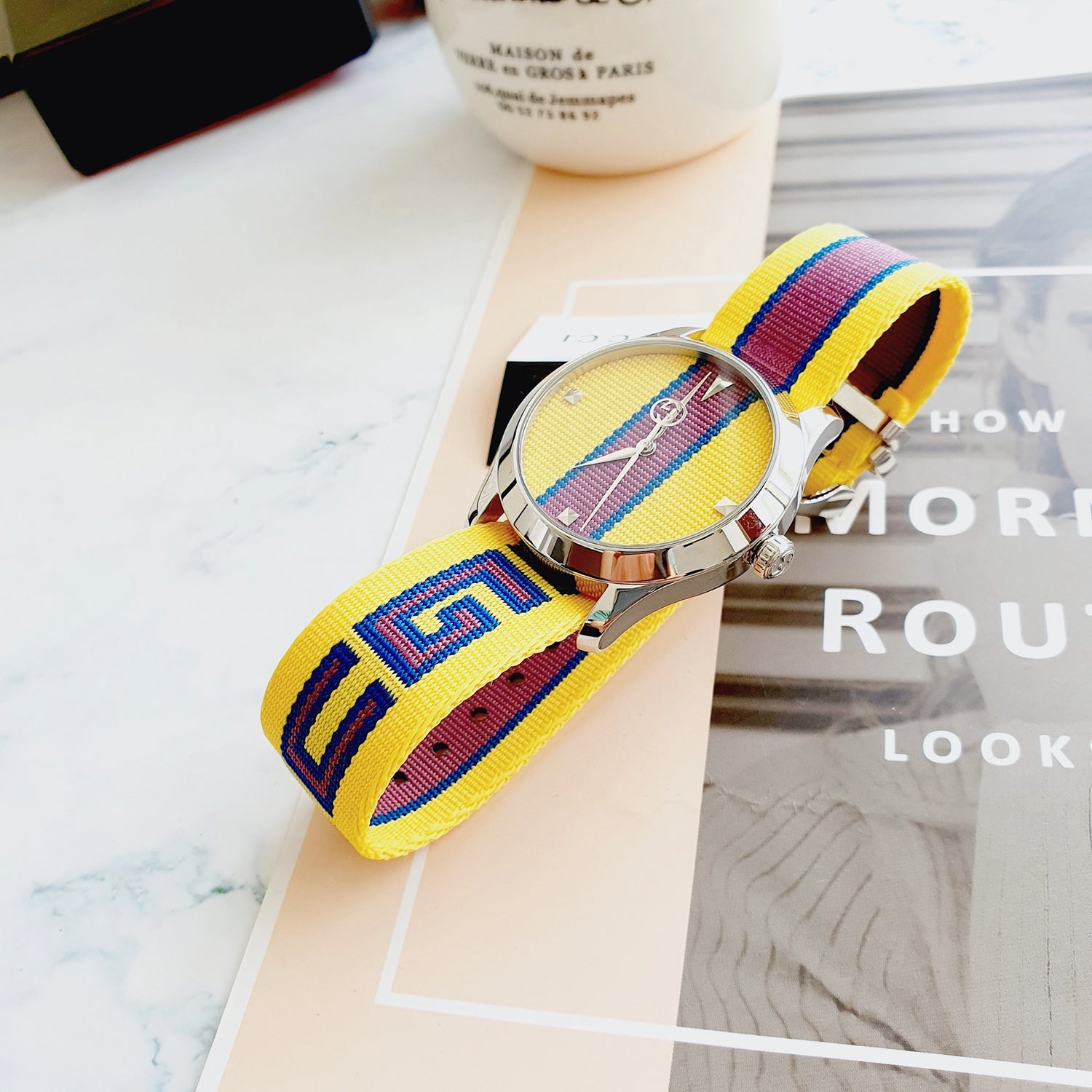  Shop Authentic Gucci G Timeless Quartz Yellow & Purple Dial Yellow & Purple NATO Strap Watch For Men - YA1264069 - Luxxuri