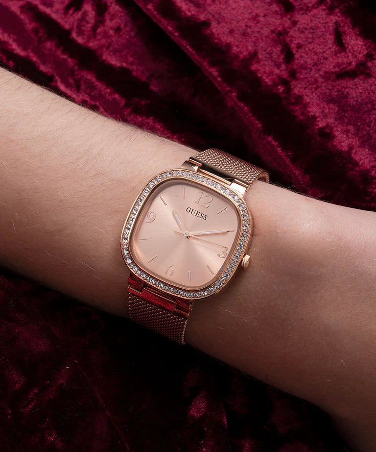  Shop Authentic Guess Tapestry Diamonds Rose Gold Dial Rose Gold Mesh Bracelet Watch for Women - GW0354L3 - Luxxuri
