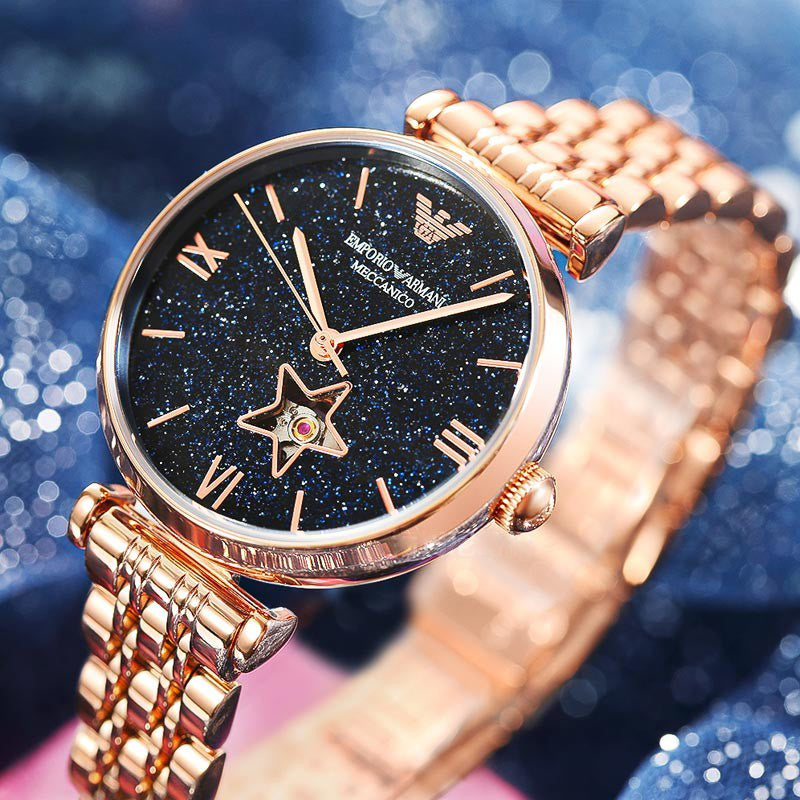  Shop Authentic Emporio Armani Meccanico Crystals Black Dial Rose Gold Steel Strap Watch For Women - AR60043 - Luxxuri