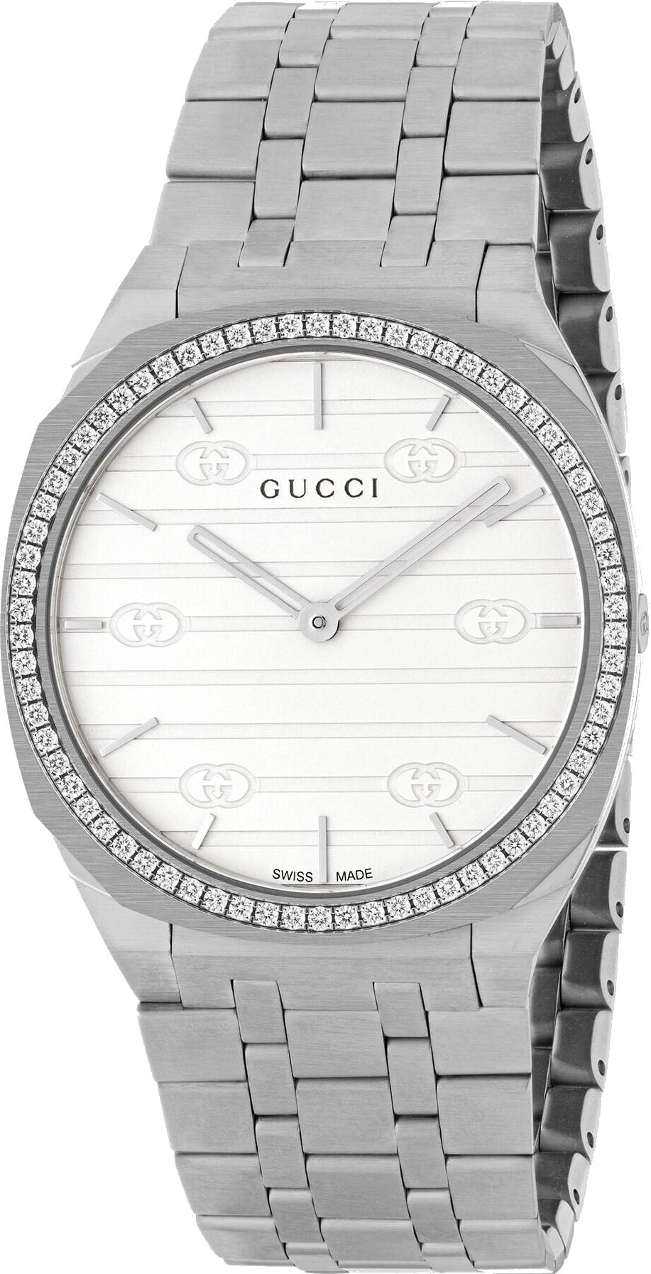  Shop Authentic Gucci 25H Quartz Diamonds Silver Dial Silver Steel Strap Watch for Women - YA163401 - Luxxuri