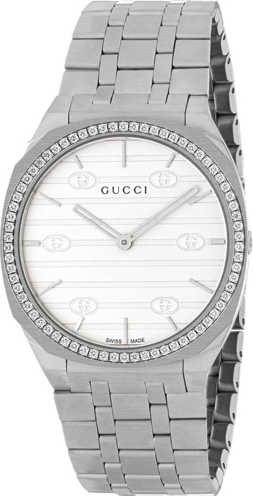  Shop Authentic Gucci 25H Quartz Diamonds Silver Dial Silver Steel Strap Watch for Women - YA163401 - Luxxuri