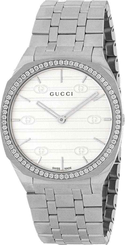  Shop Authentic Gucci 25H Quartz Diamonds Silver Dial Silver Steel Strap Watch for Women - YA163401 - Luxxuri