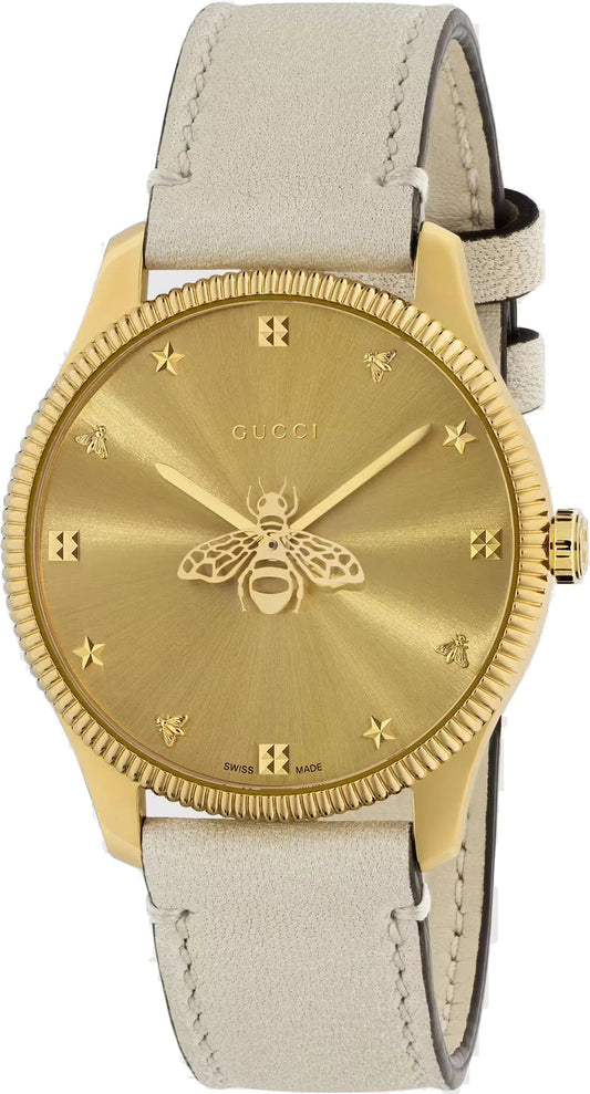  Shop Authentic Gucci G Timeless Quartz Gold Dial Beige Leather Strap Watch For Women - YA1264180 - Luxxuri