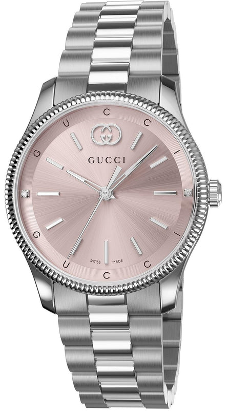  Shop Authentic Gucci G Timeless Quartz Pink Dial Silver Steel Strap Watch for Women - YA1265061 - Luxxuri