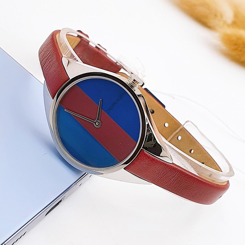  Shop Authentic Calvin Klein Rebel Blue Maroon Dial Maroon Leather Strap Watch for Women - K8P231UN - Luxxuri