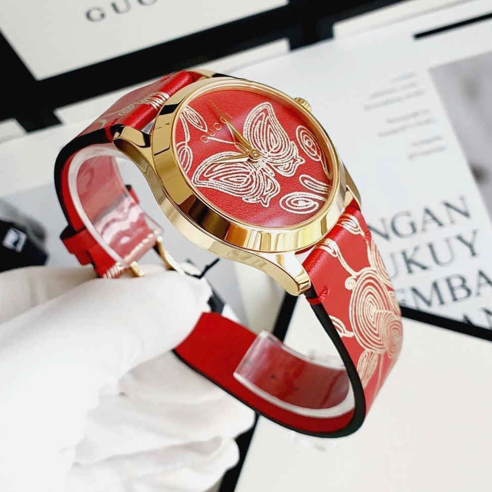  Shop Authentic Gucci G Timeless Quartz Red Dial Red Leather Strap Watch For Women - YA1264054 - Luxxuri